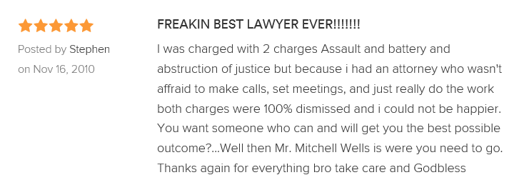 FREAKIN BEST LAWYER EVER!!!!!!! 5.0 stars Posted by Stephen on Nov 16, 2010 I was charged with 2 charges Assault and battery and abstruction of justice but because i had an attorney who wasn't affraid to make calls, set meetings, and just really do the work both charges were 100% dismissed and i could not be happier. You want someone who can and will get you the best possible outcome?...Well then Mr. Mitchell Wells is were you need to go. Thanks again for everything bro take care and Godbless