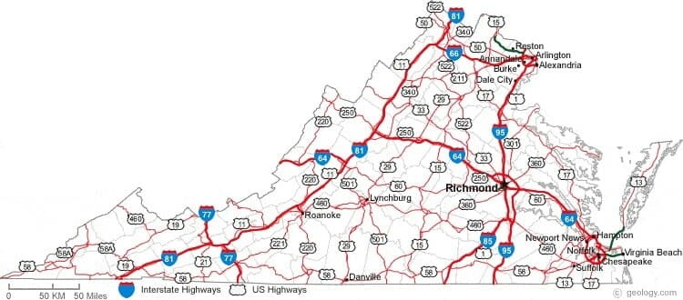 Map of Virginia Primary Interstates & Major U.S. Highways